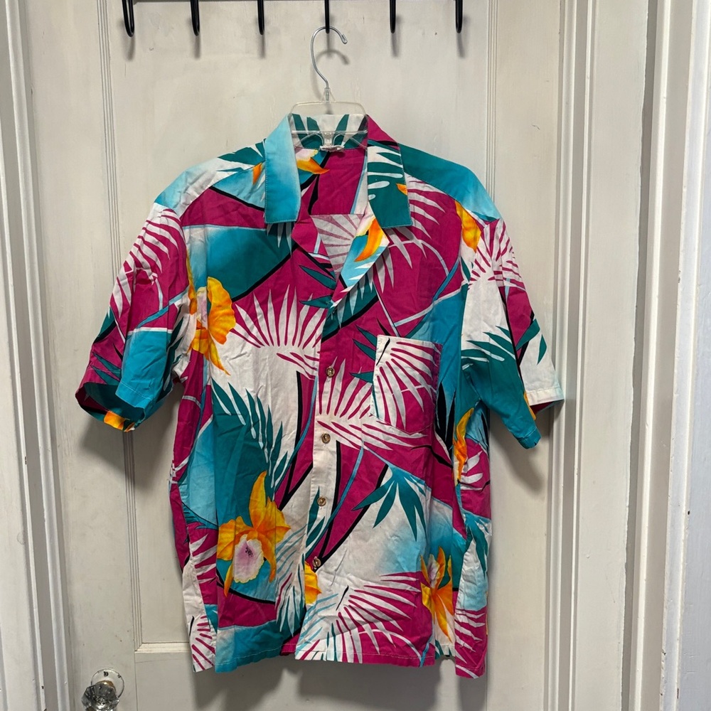 Vintage Tropical Pink Teal White Floral Short-Sleeve Camp Shirt 2XL